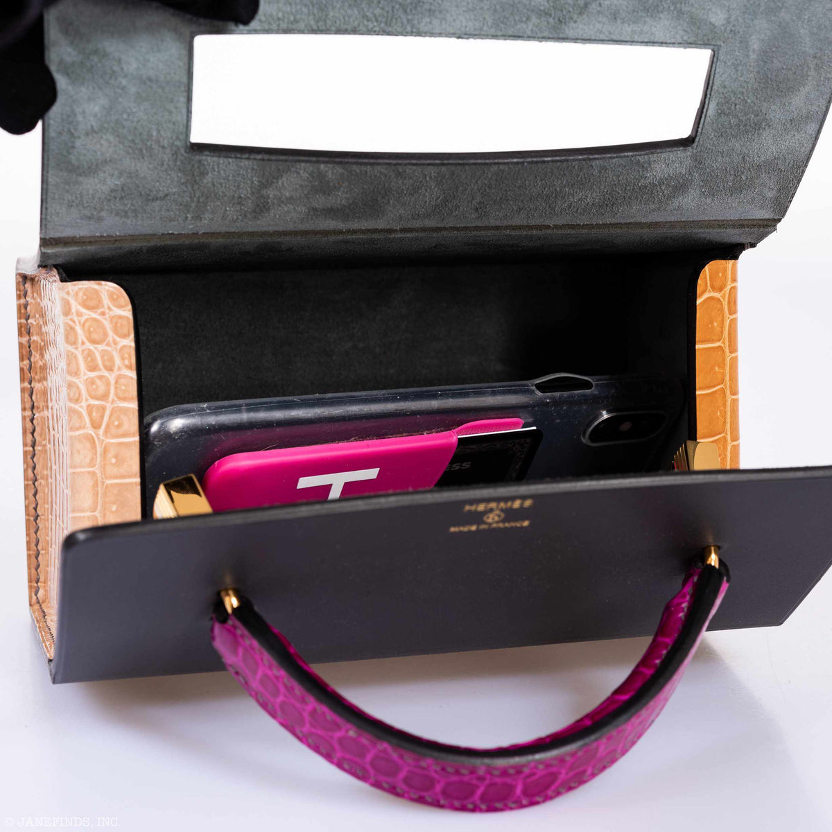 Hermes Minaudière 18 petit h Graphite, Fuchsia, Poussiere Porosus Crocodile & Calf Gold Hardware Hermes