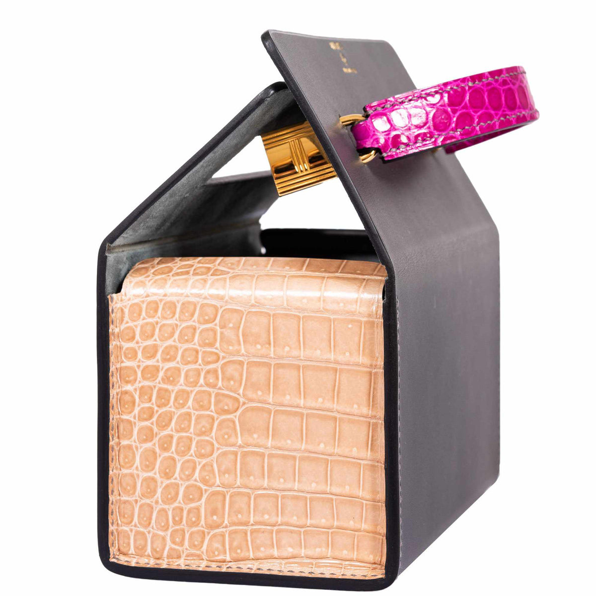 Hermes Minaudière 18 petit h Graphite, Fuchsia, Poussiere Porosus Crocodile & Calf Gold Hardware Hermes