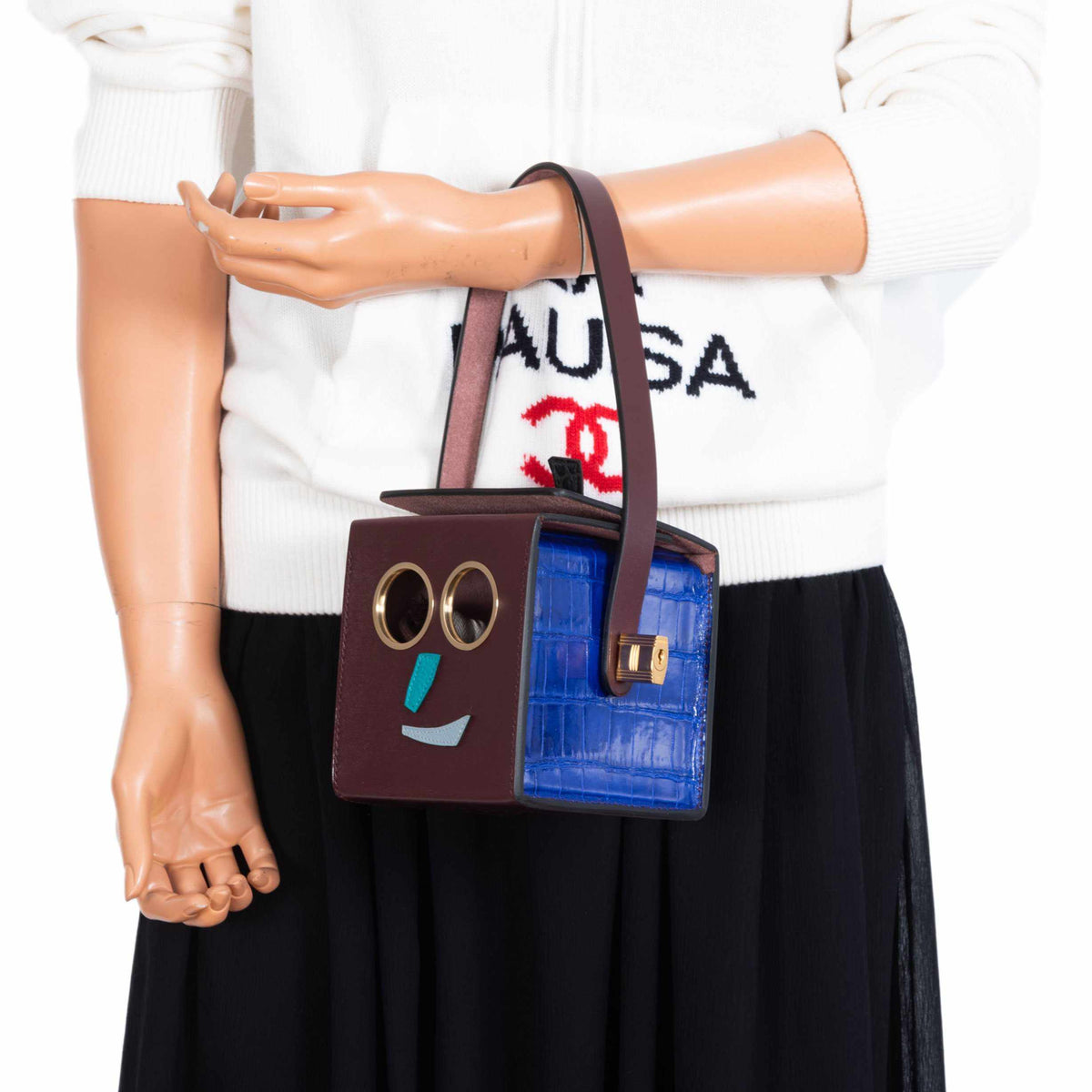 Hermes Minaudière Robot petit h Bag Blue Electric & Black Porosus Crocodile Golden Brass Hardware Hermes