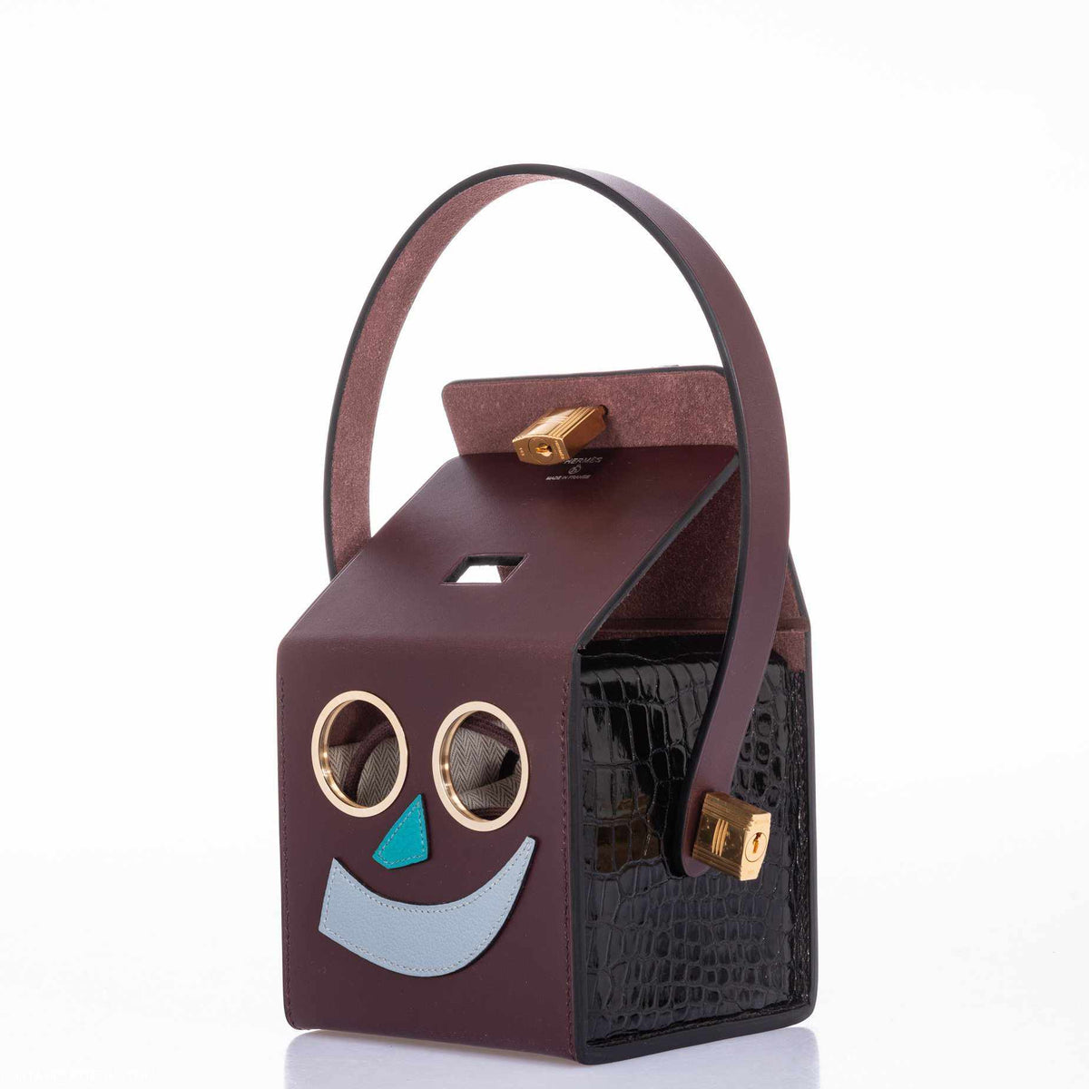 Hermes Minaudière Robot petit h Bag Blue Electric & Black Porosus Crocodile Golden Brass Hardware Hermes