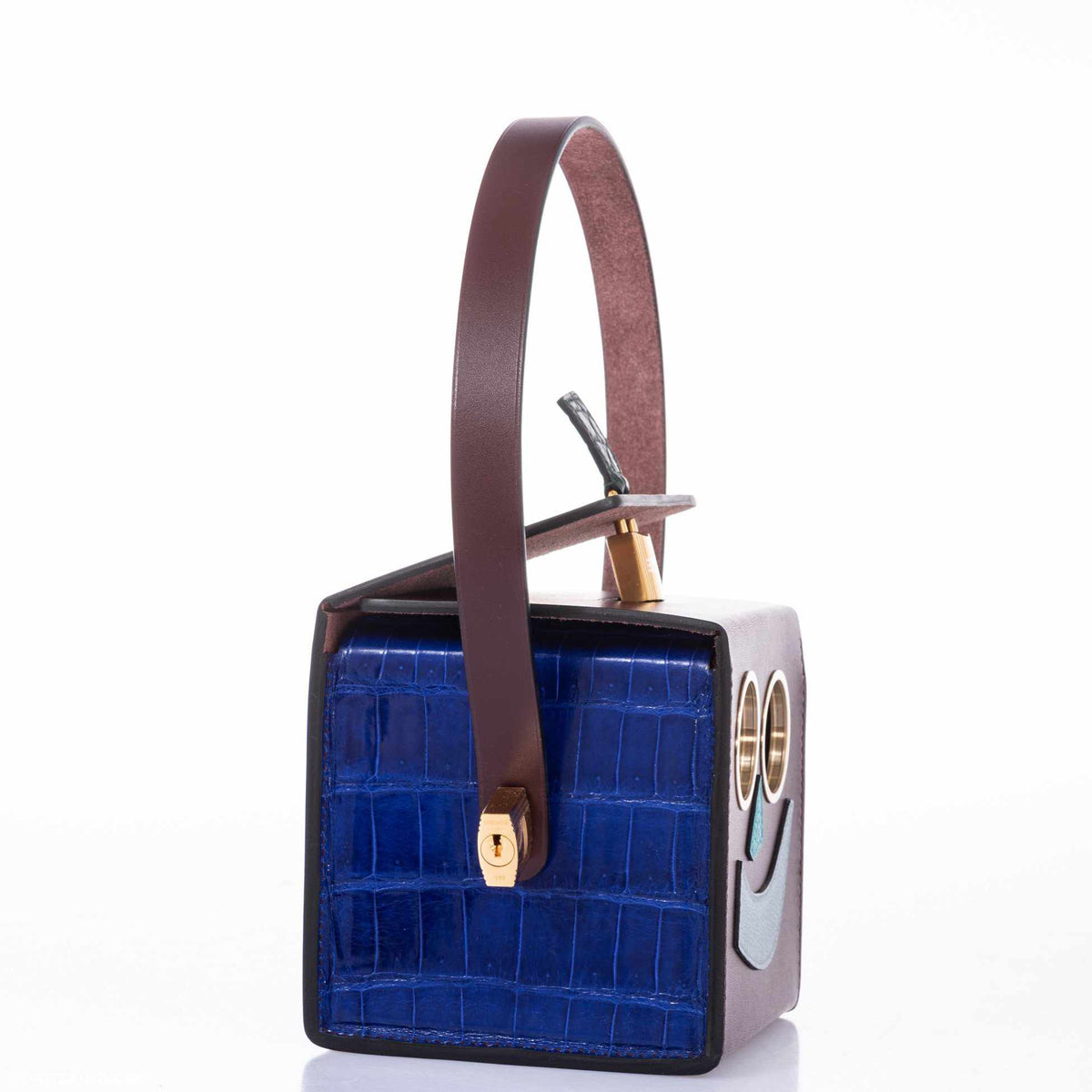 Hermes Minaudière Robot petit h Bag Blue Electric & Black Porosus Crocodile Golden Brass Hardware Hermes