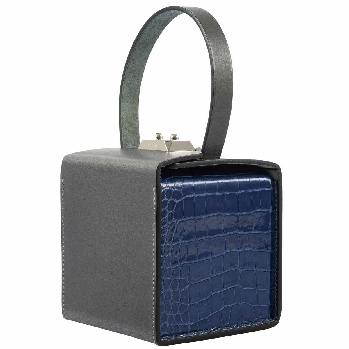 Hermes Minaudière petit h Box Bag, Gray, Saphir, Ambre Porosus Crocodile Silver Hardware Hermes