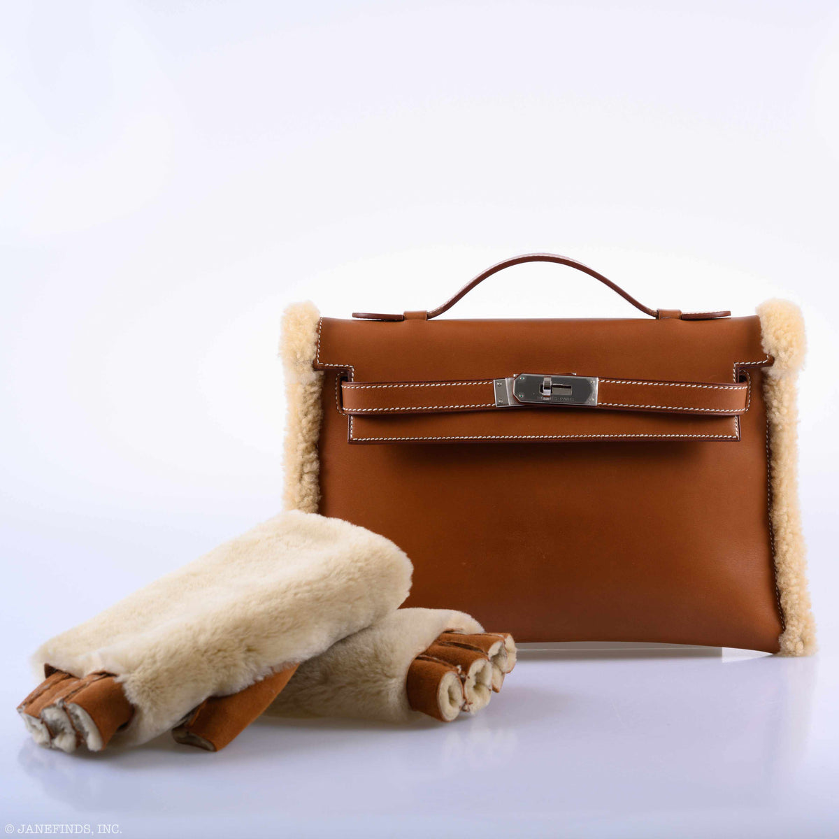 Hermes Teddy Kelly Clutch Barenia Leather & Mouton Shearling Palladium Hardware Hermes