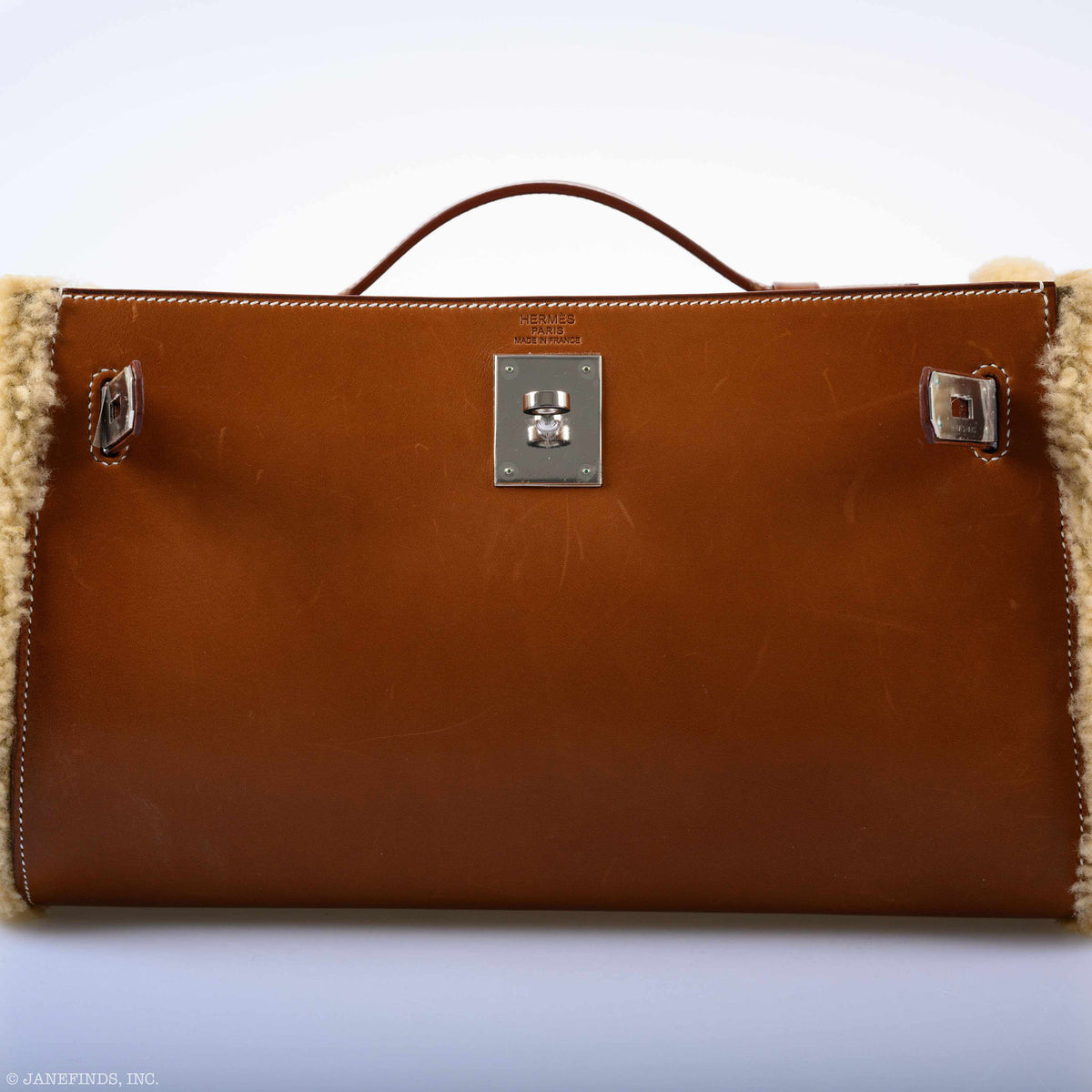 Hermes Teddy Kelly Clutch Barenia Leather & Mouton Shearling Palladium Hardware Hermes