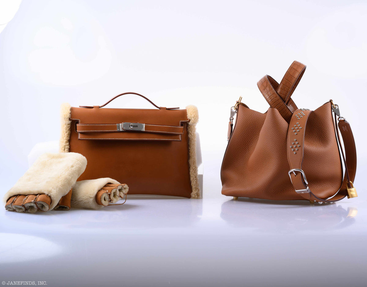 Hermes Teddy Kelly Clutch Barenia Leather & Mouton Shearling Palladium Hardware Hermes