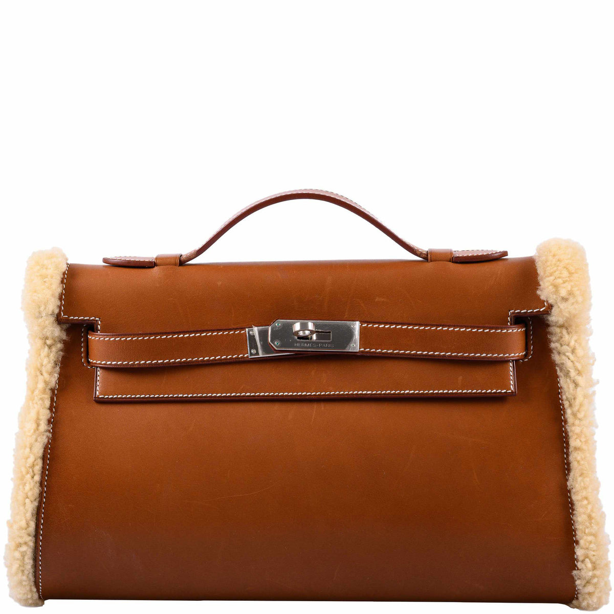 Hermes Teddy Kelly Clutch Barenia Leather & Mouton Shearling Palladium Hardware Hermes