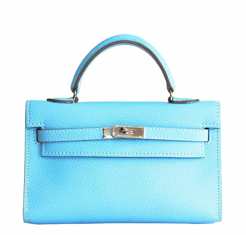 Hermes Tiny Kelly Micro Mini Celeste Epsom Leather Palladium Hardware BagAg