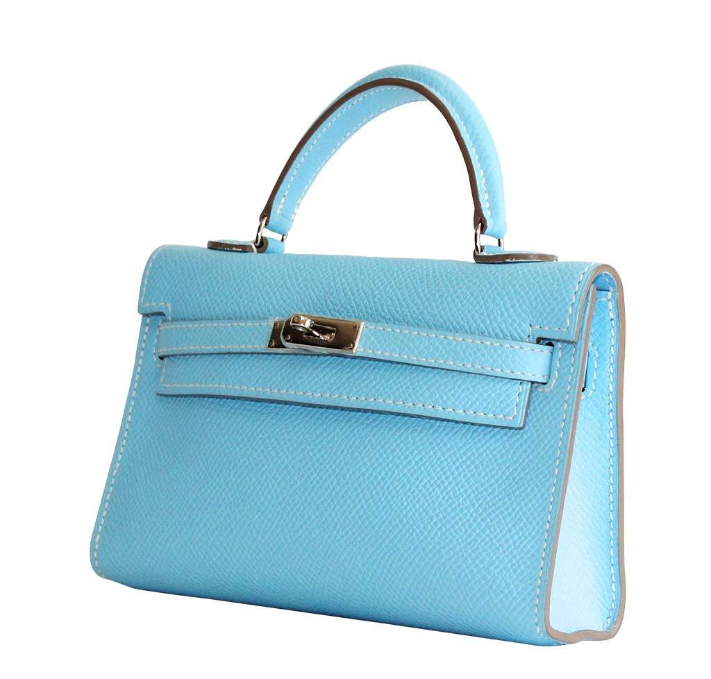 Hermes Tiny Kelly Micro Mini Celeste Epsom Leather Palladium Hardware BagAg