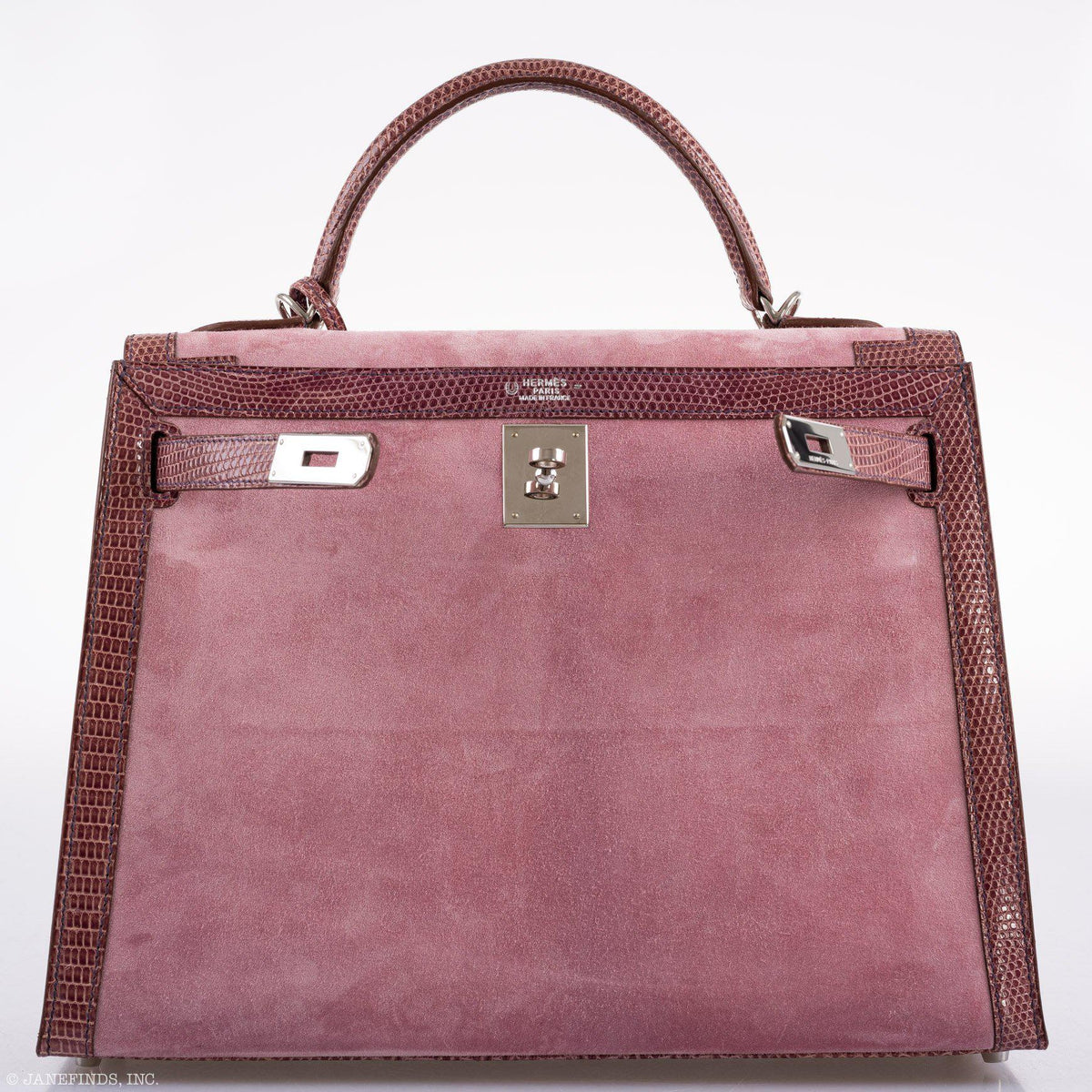 Hermes Unique HSS Kelly 32 Sellier Rose Indienne Doblis Suede & Mauve Lizard with Palladium Hardware Hermes
