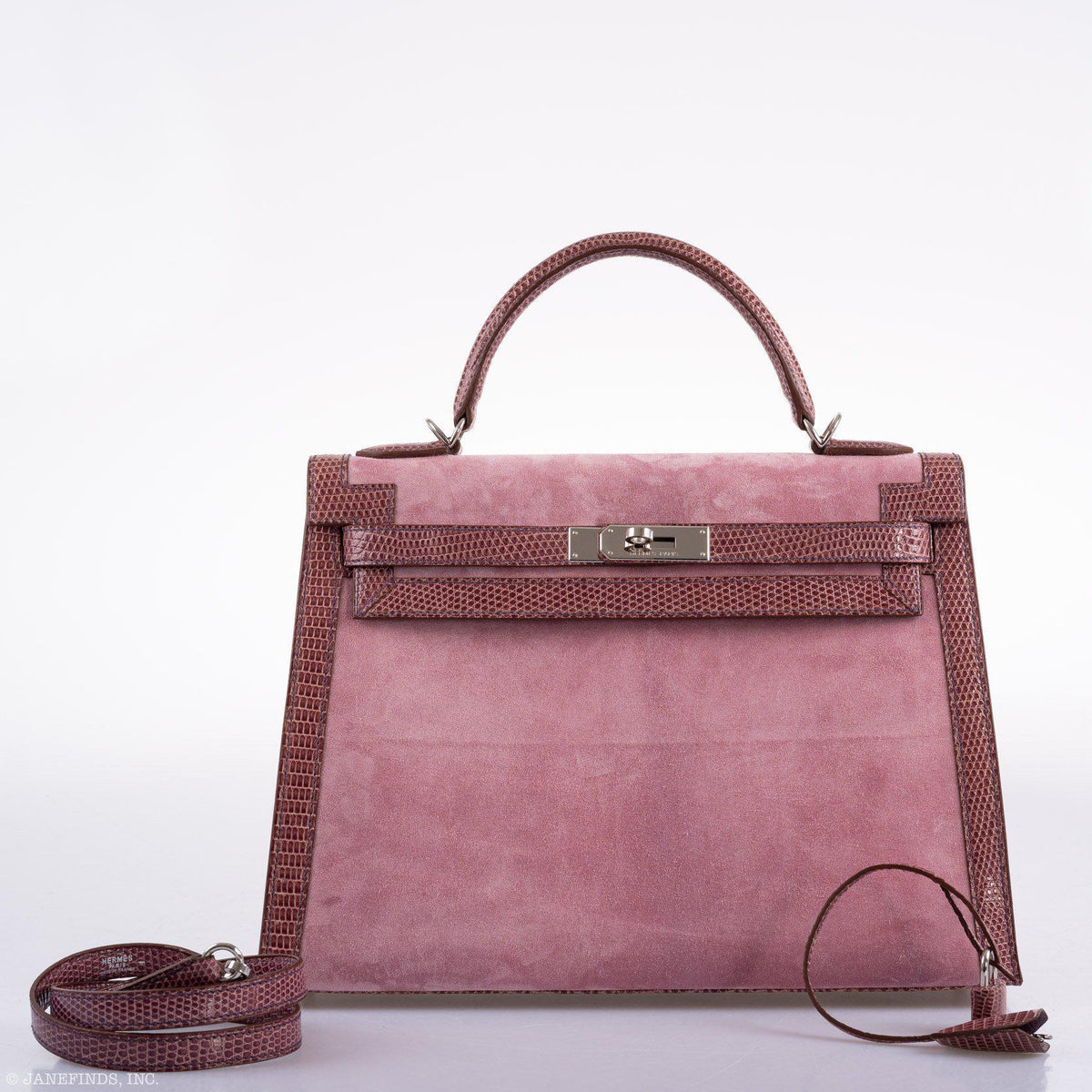 Hermes Unique HSS Kelly 32 Sellier Rose Indienne Doblis Suede & Mauve Lizard with Palladium Hardware Hermes