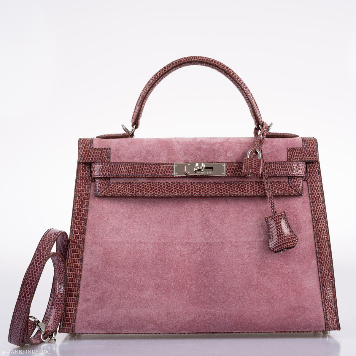 Hermes Unique HSS Kelly 32 Sellier Rose Indienne Doblis Suede & Mauve Lizard with Palladium Hardware Hermes