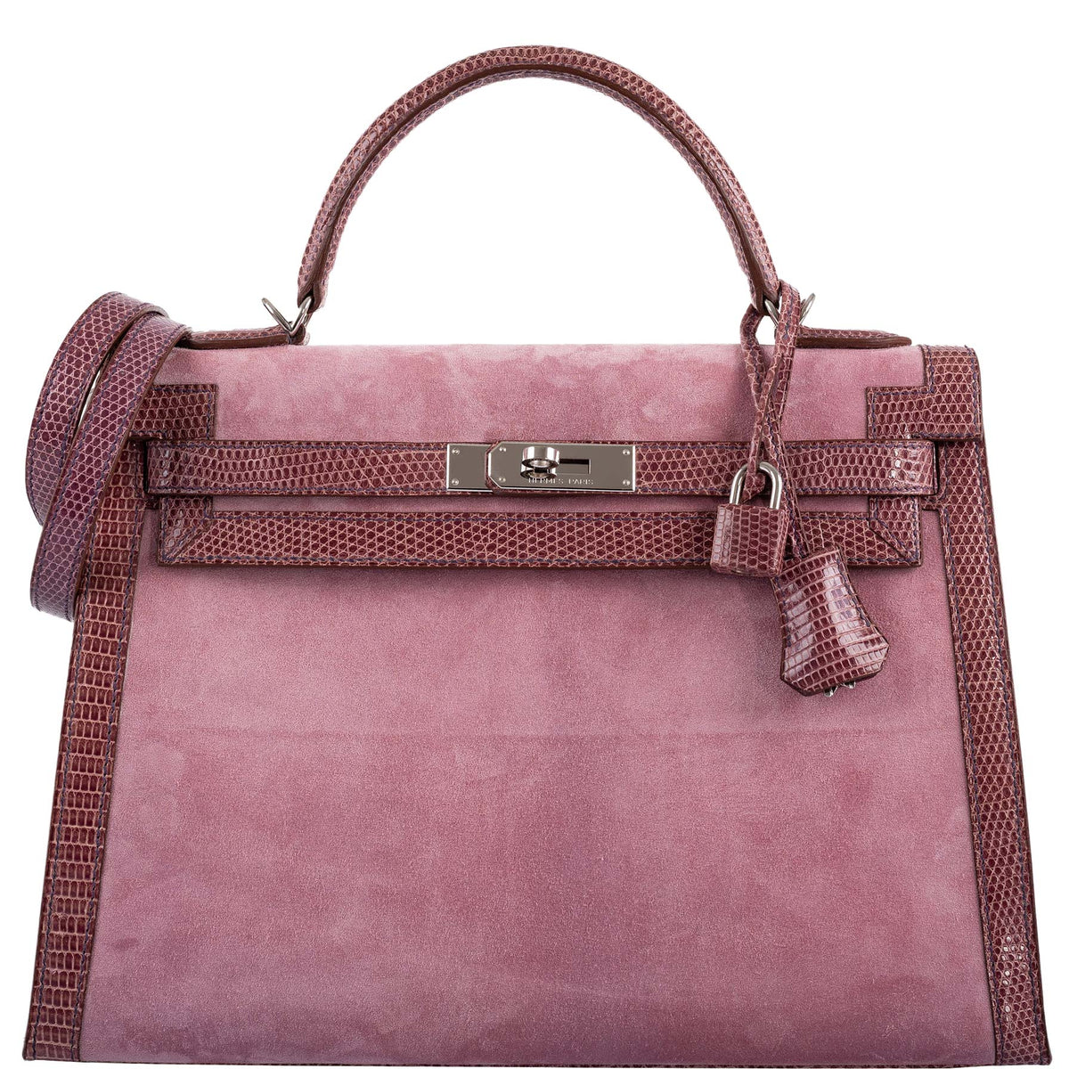 Hermes Unique HSS Kelly 32 Sellier Rose Indienne Doblis Suede & Mauve Lizard with Palladium Hardware Hermes