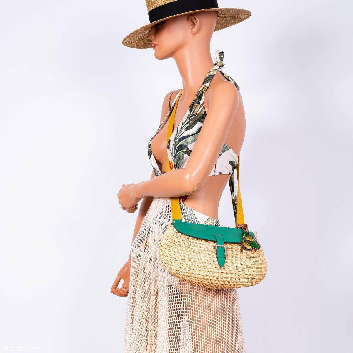 Hermes Wicker Fish Basket Crossbody, Vert Vertigo Swift with Palladium Hardware Hermes