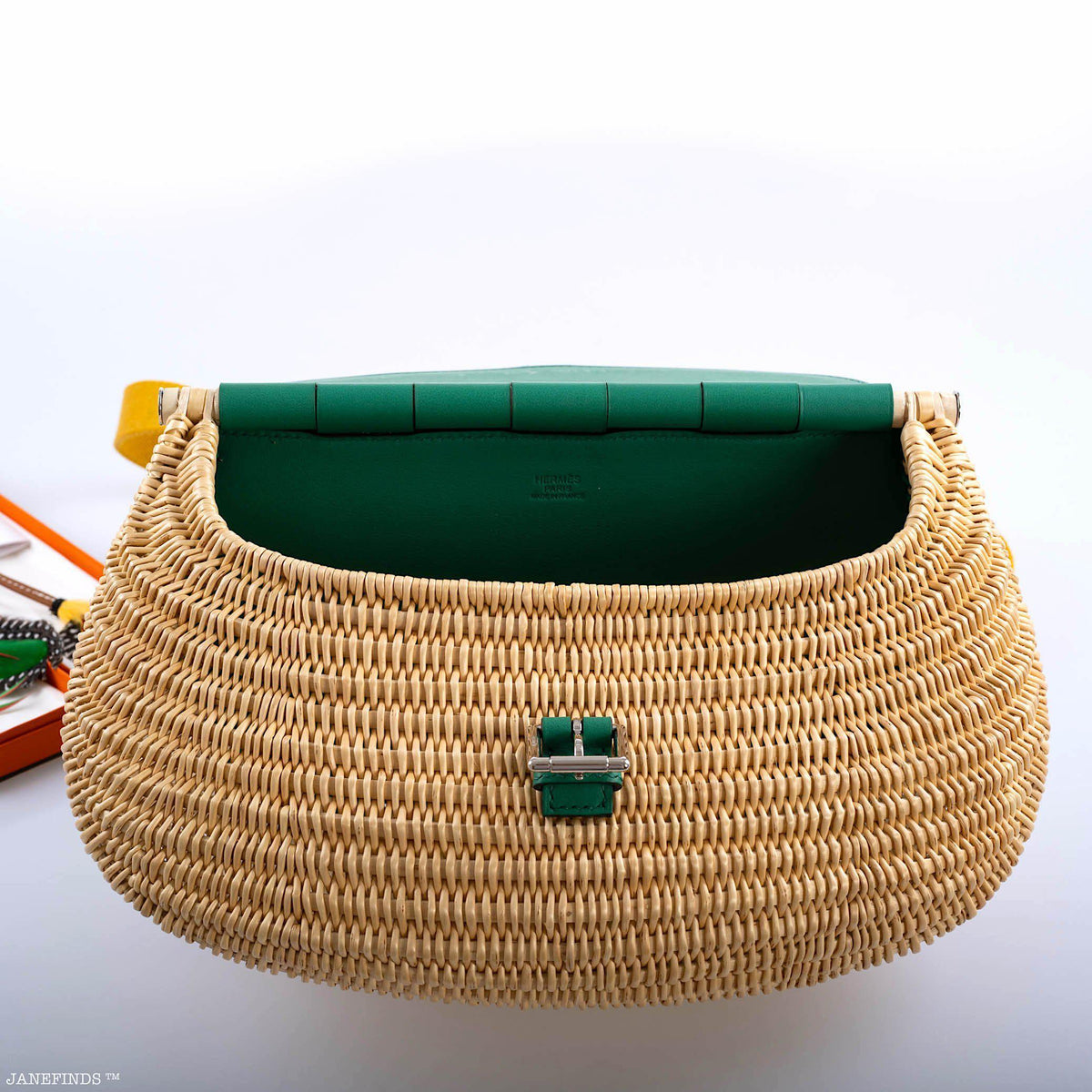 Hermes Wicker Fish Basket Crossbody, Vert Vertigo Swift with Palladium Hardware Hermes