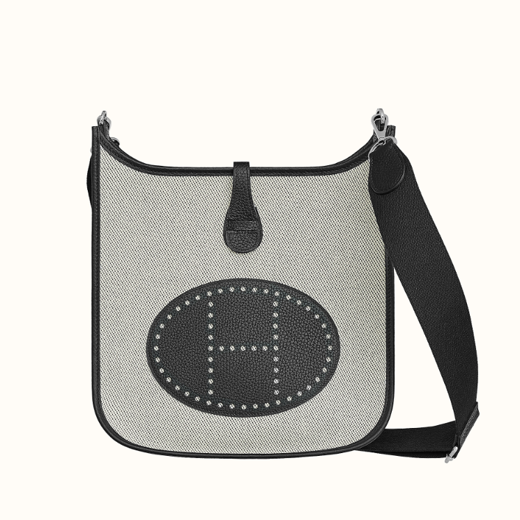 Hermes Toile and leather Evelyne III 29 Black Crowned Bag