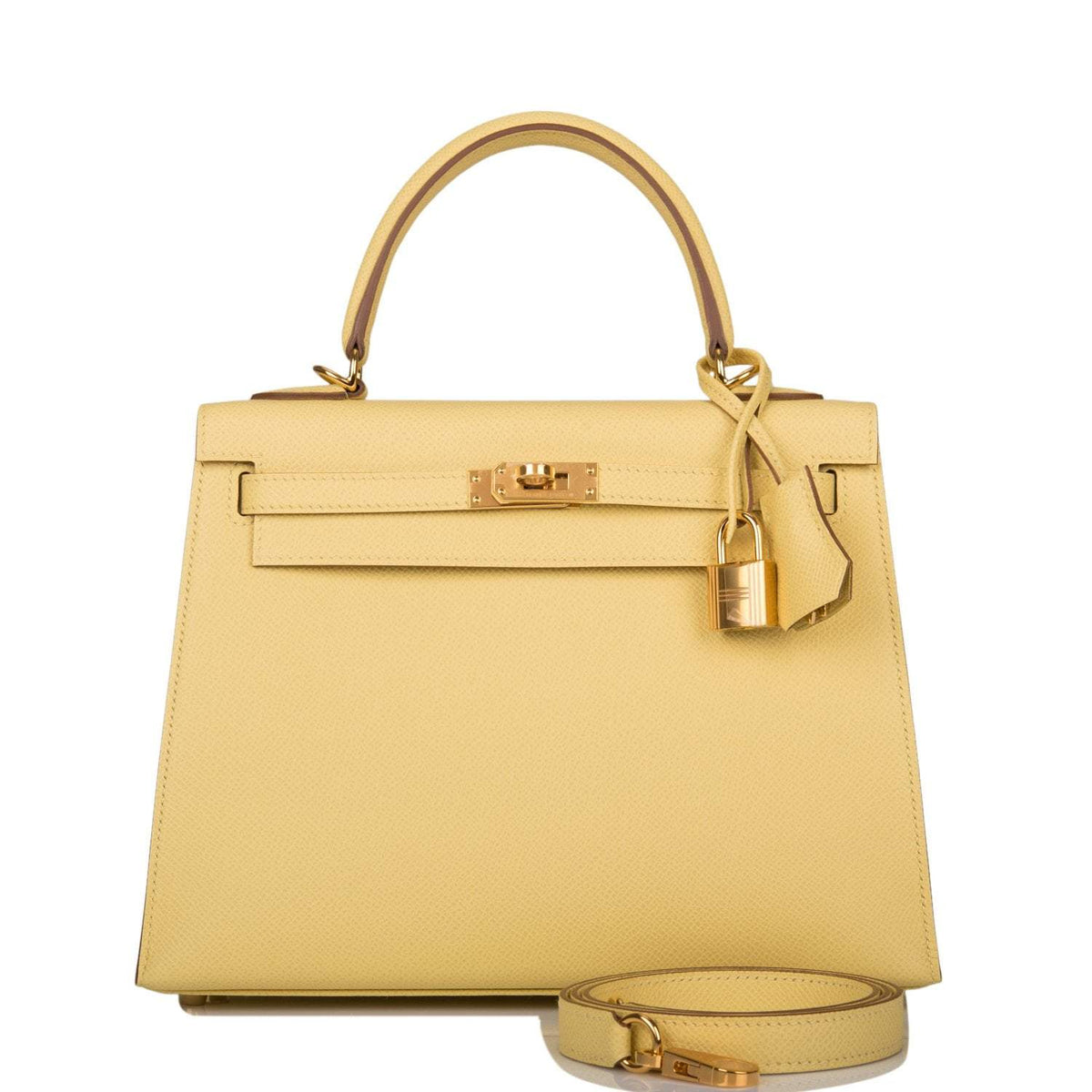 Hermes Jaune Poussin Epsom Sellier Kelly 25cm Gold Hardware Crowned Bag