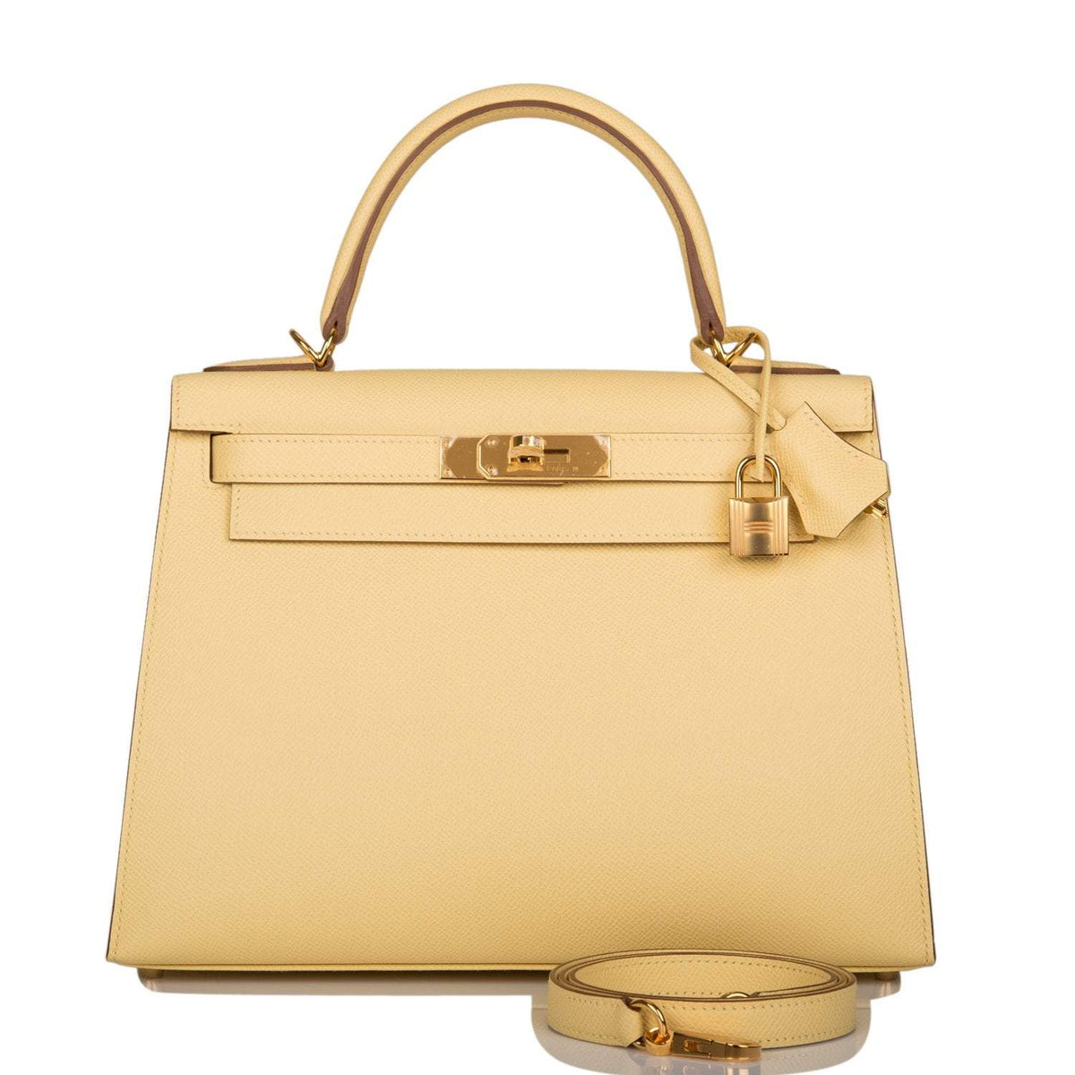 Hermes Jaune Poussin Epsom Sellier Kelly 28cm Gold Hardware Crowned Bag