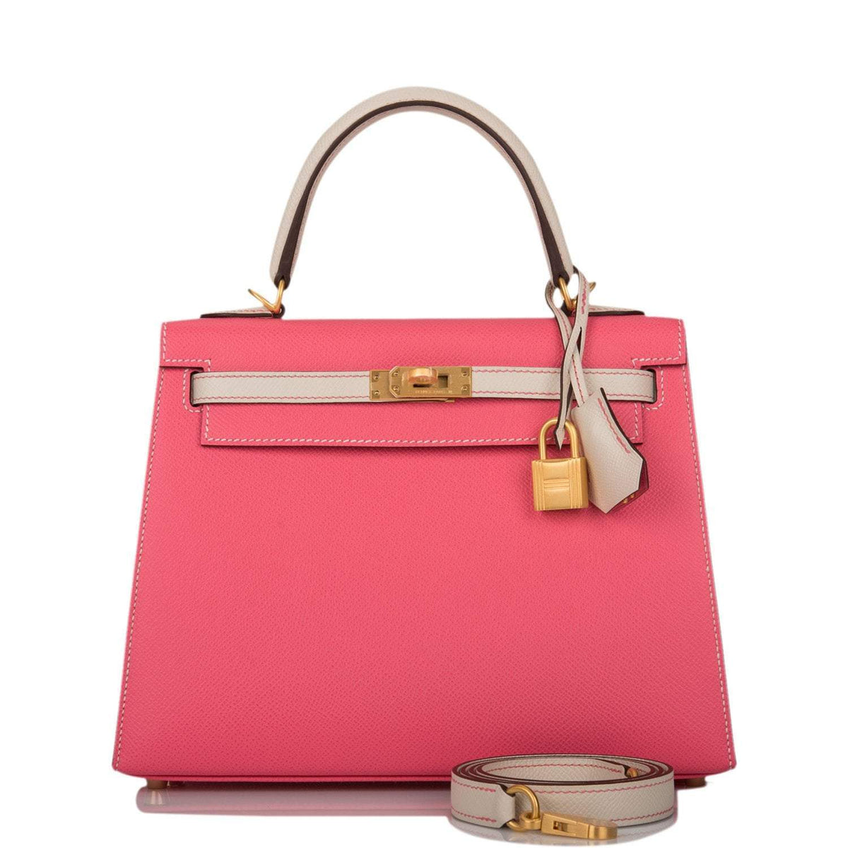 Hermes Kelly 25cm Bi-Color Rose Azalee and Craie Epsom Sellier Brushed Gold Hardware Crowned Bag