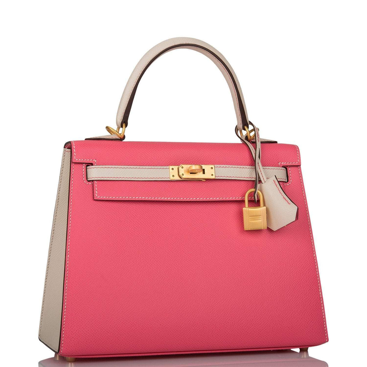 Hermes Kelly 25cm Bi-Color Rose Azalee and Craie Epsom Sellier Brushed Gold Hardware Crowned Bag