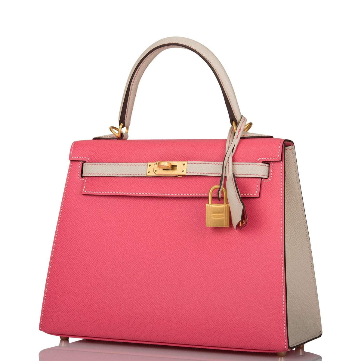 Hermes Kelly 25cm Bi-Color Rose Azalee and Craie Epsom Sellier Brushed Gold Hardware Crowned Bag
