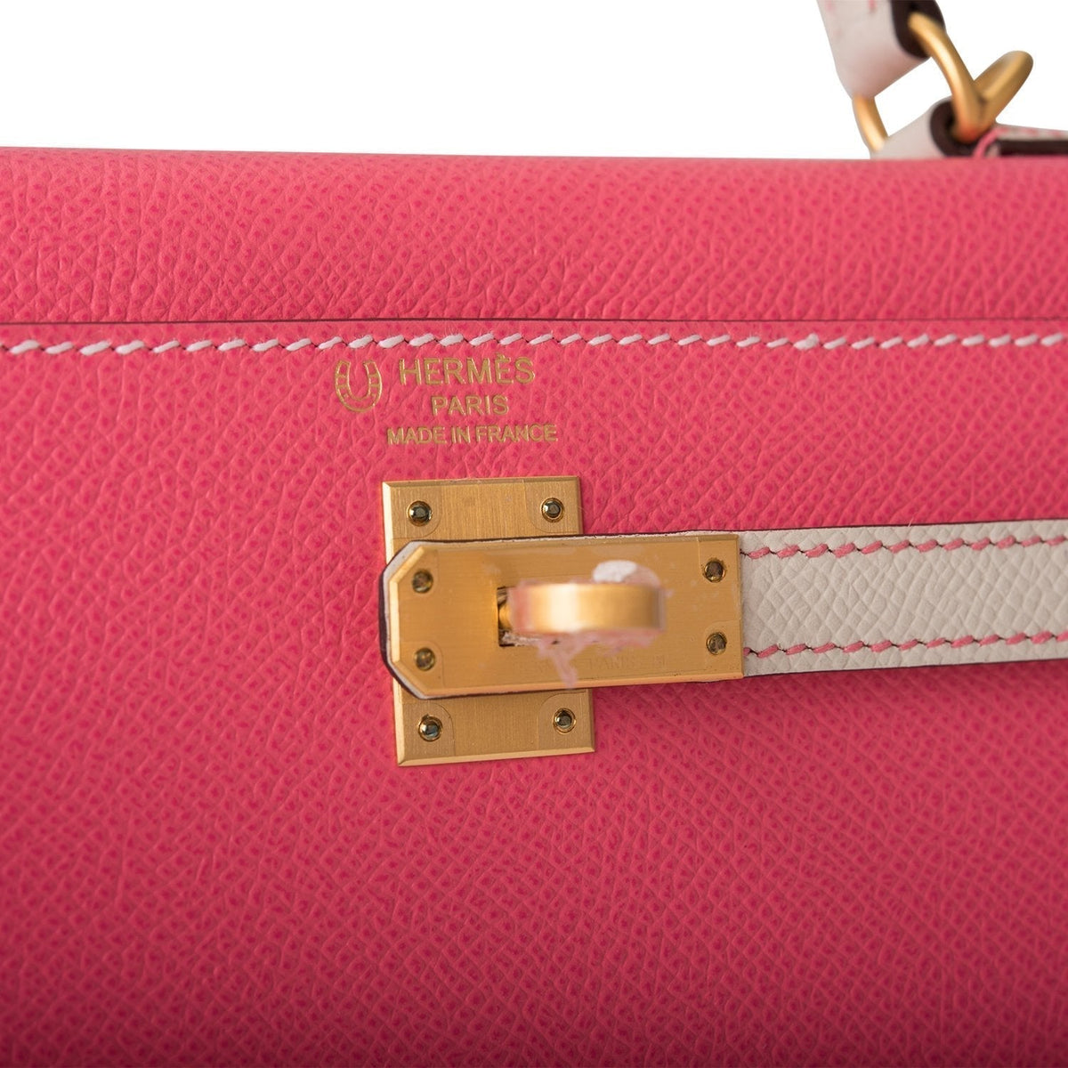 Hermes Kelly 25cm Bi-Color Rose Azalee and Craie Epsom Sellier Brushed Gold Hardware Crowned Bag