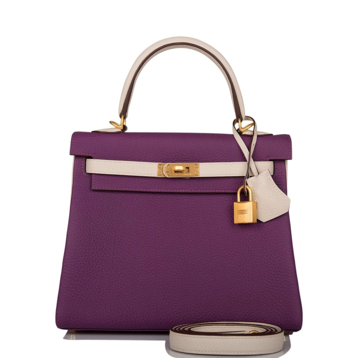 Hermes Kelly 25cm Brushed Gold Hardware Bi-Color Anemone and Craie Togo Retourne Crowned Bag