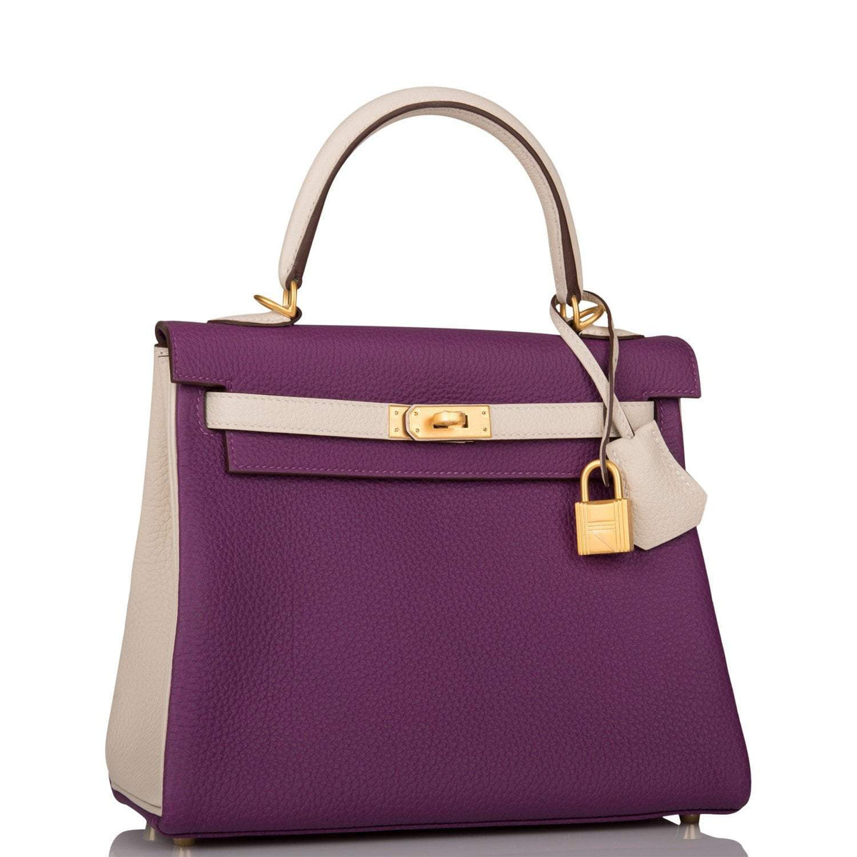 Hermes Kelly 25cm Brushed Gold Hardware Bi-Color Anemone and Craie Togo Retourne Crowned Bag