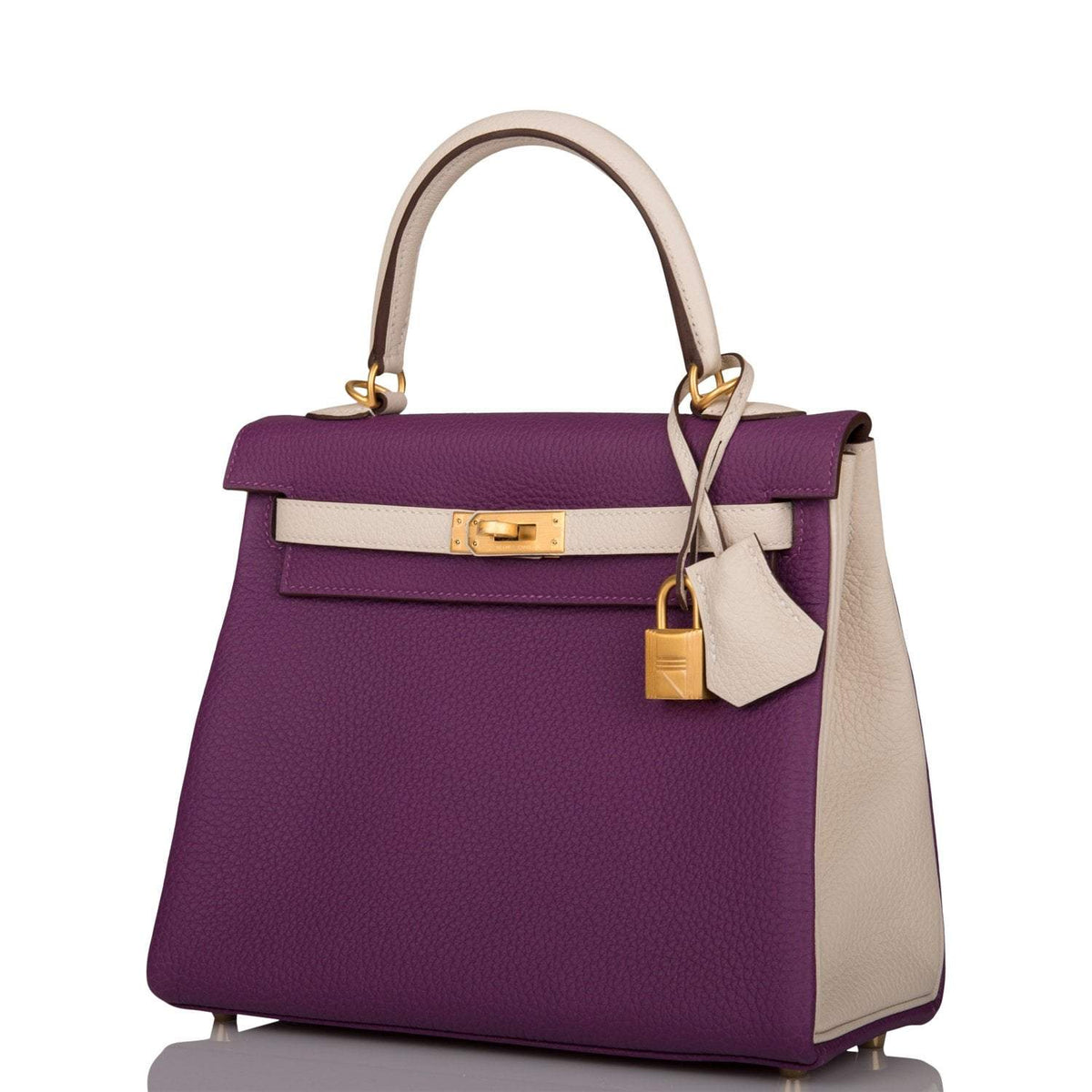 Hermes Kelly 25cm Brushed Gold Hardware Bi-Color Anemone and Craie Togo Retourne Crowned Bag
