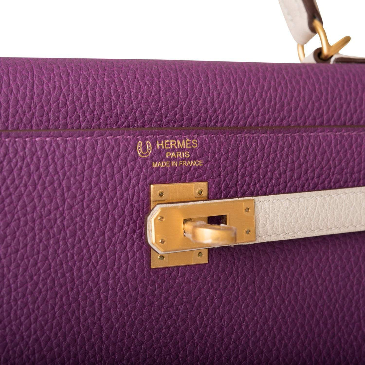 Hermes Kelly 25cm Brushed Gold Hardware Bi-Color Anemone and Craie Togo Retourne Crowned Bag