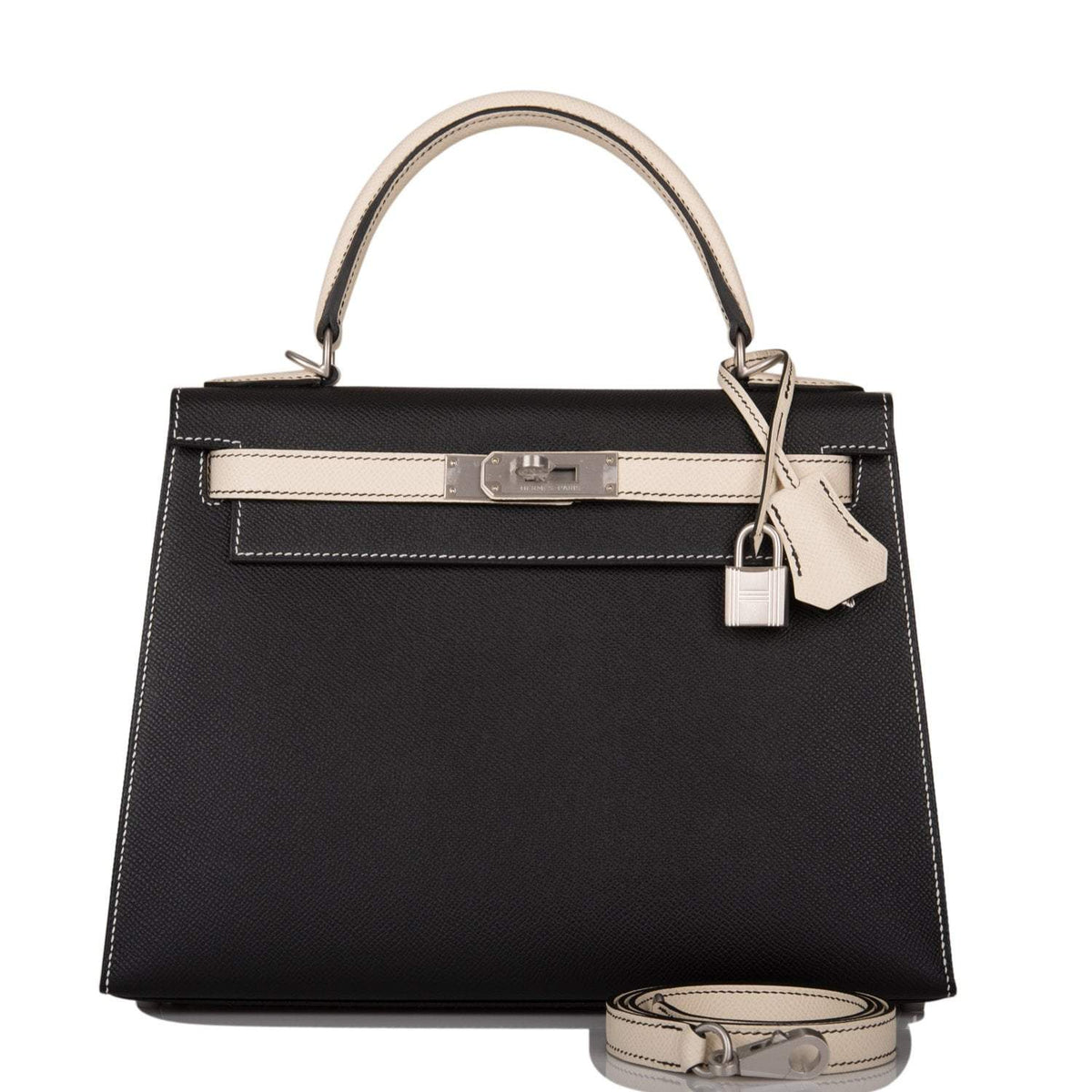 Hermes Kelly 28cm Bi-Color Black and Craie Epsom Sellier Brushed Palladium Hardware Crowned Bag