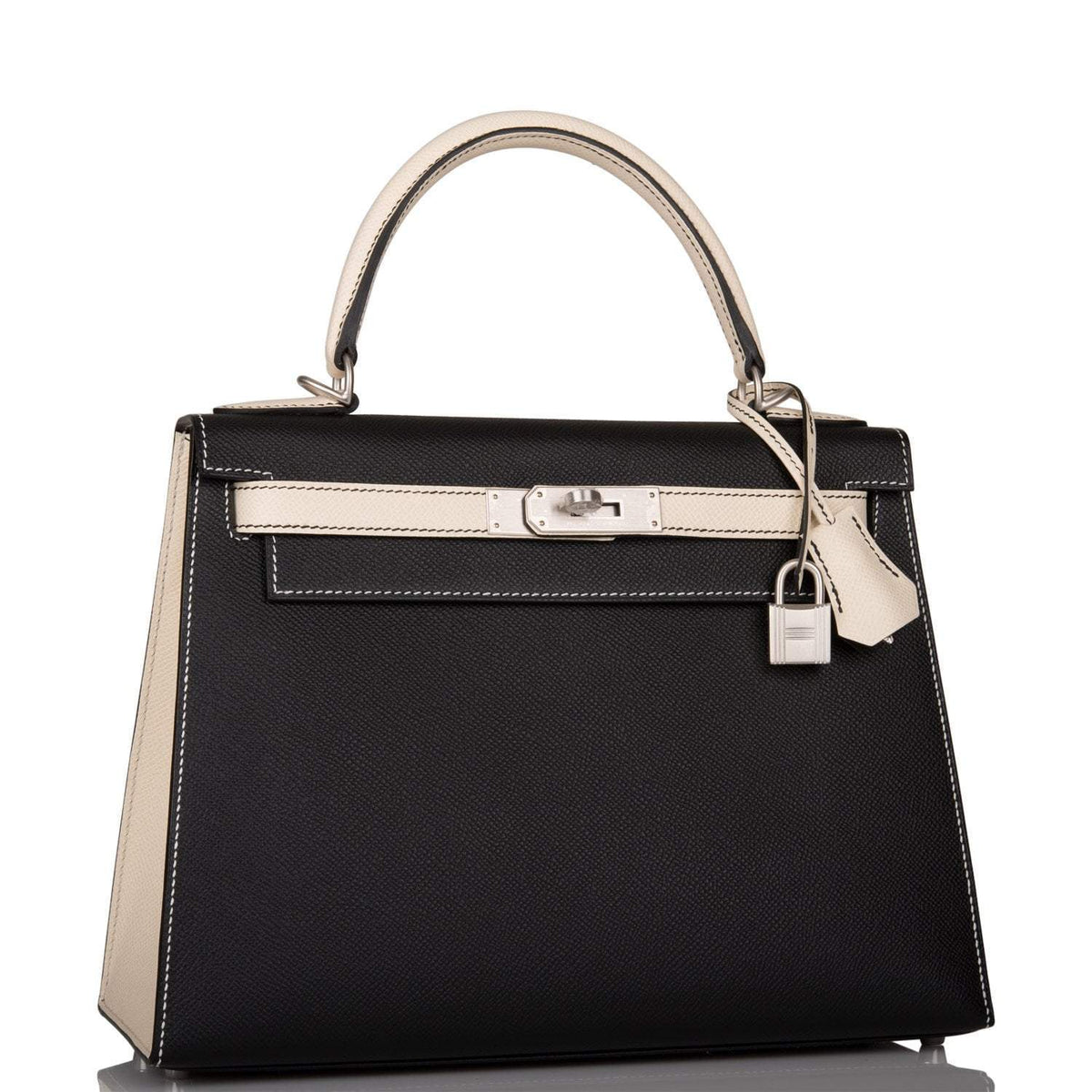 Hermes Kelly 28cm Bi-Color Black and Craie Epsom Sellier Brushed Palladium Hardware Crowned Bag