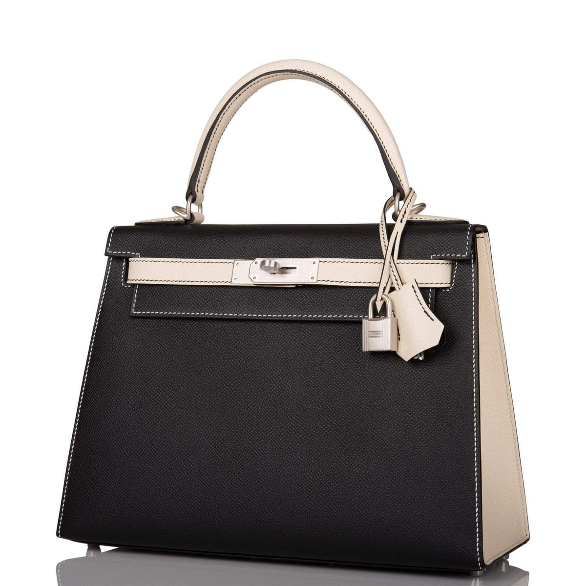 Hermes Kelly 28cm Bi-Color Black and Craie Epsom Sellier Brushed Palladium Hardware Crowned Bag