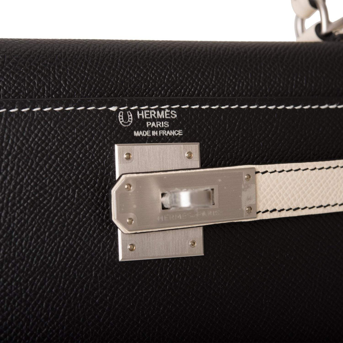 Hermes Kelly 28cm Bi-Color Black and Craie Epsom Sellier Brushed Palladium Hardware Crowned Bag