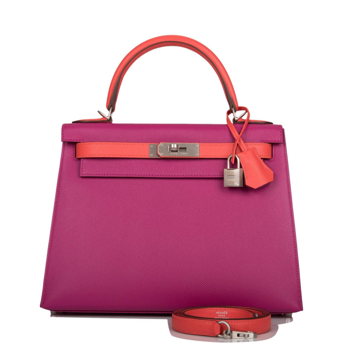 Hermes Kelly 28cm Bi-Color Rose Pourpre and Rose Jaipur Epsom Sellier Brushed Palladium Hardware Crowned Bag