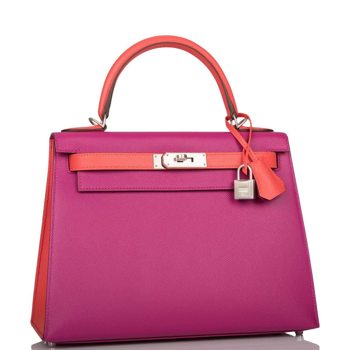 Hermes Kelly 28cm Bi-Color Rose Pourpre and Rose Jaipur Epsom Sellier Brushed Palladium Hardware Crowned Bag