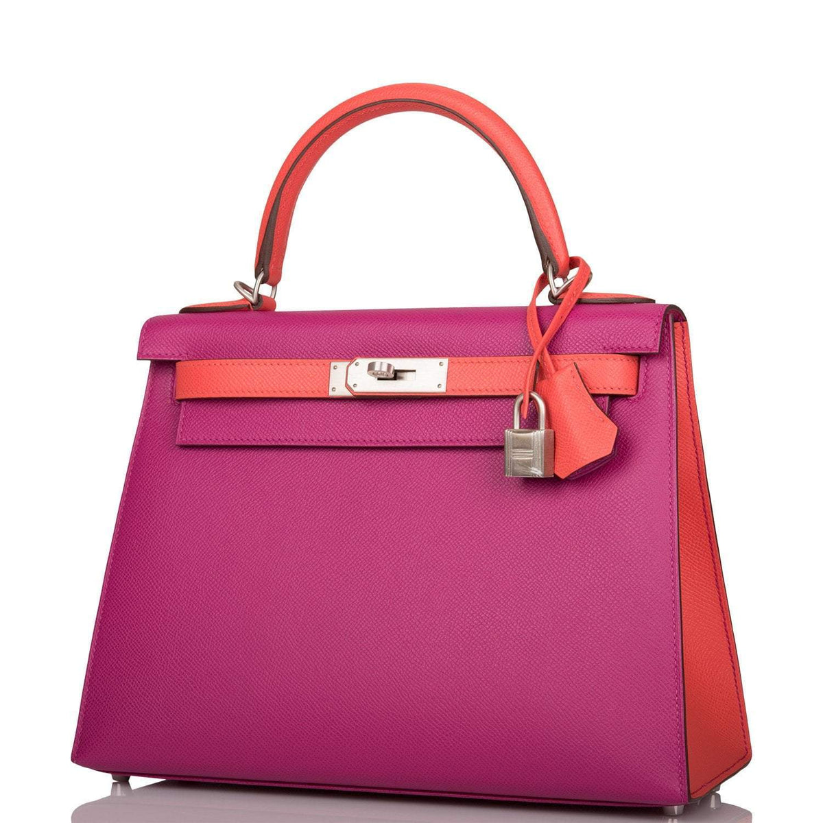 Hermes Kelly 28cm Bi-Color Rose Pourpre and Rose Jaipur Epsom Sellier Brushed Palladium Hardware Crowned Bag
