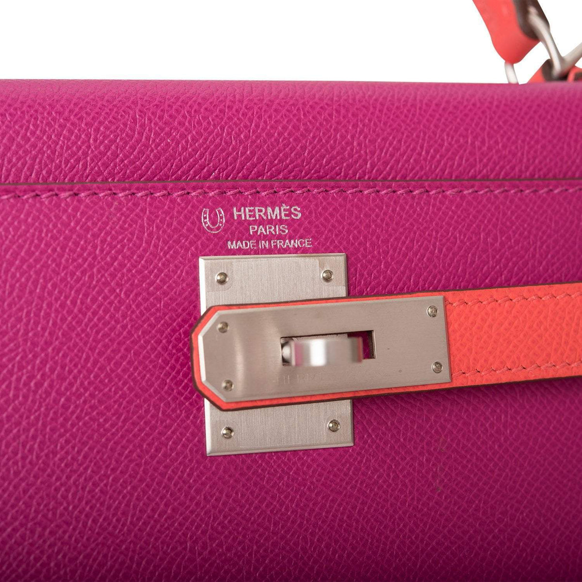 Hermes Kelly 28cm Bi-Color Rose Pourpre and Rose Jaipur Epsom Sellier Brushed Palladium Hardware Crowned Bag