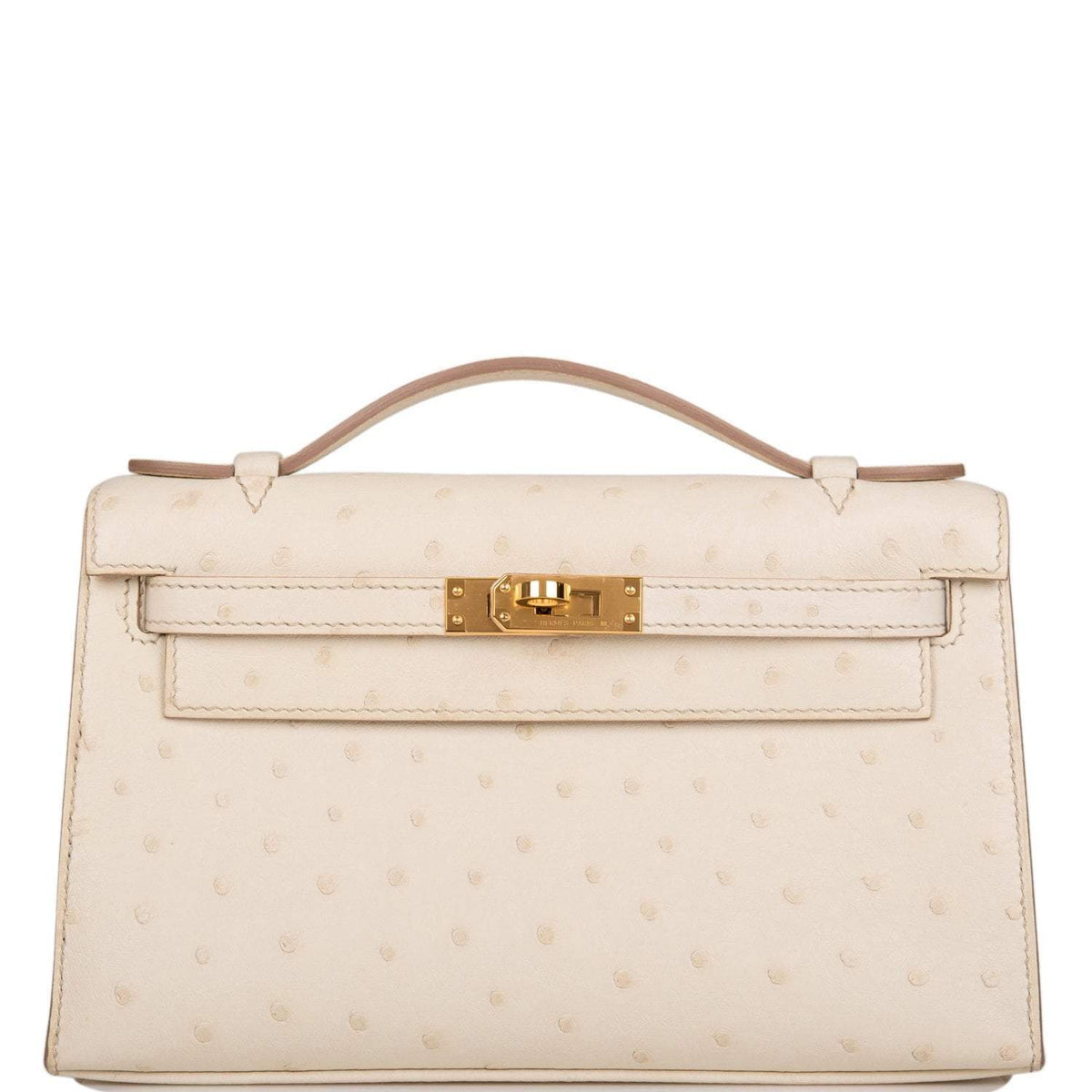 Hermes Kelly Pochette Beton Ostrich Gold Hardware Crowned Bag