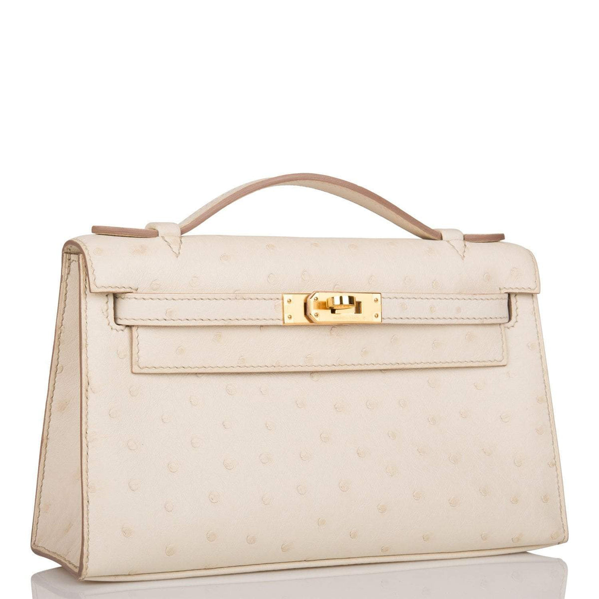 Hermes Kelly Pochette Beton Ostrich Gold Hardware Crowned Bag