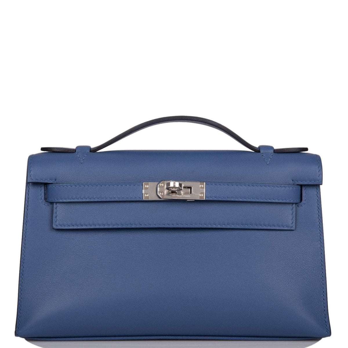 Hermes Kelly Pochette Blue Brighton Swift Palladium Hardware Crowned Bag