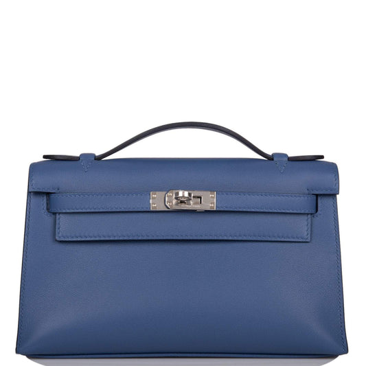 Hermes Kelly Pochette Blue Brighton Swift Palladium Hardware