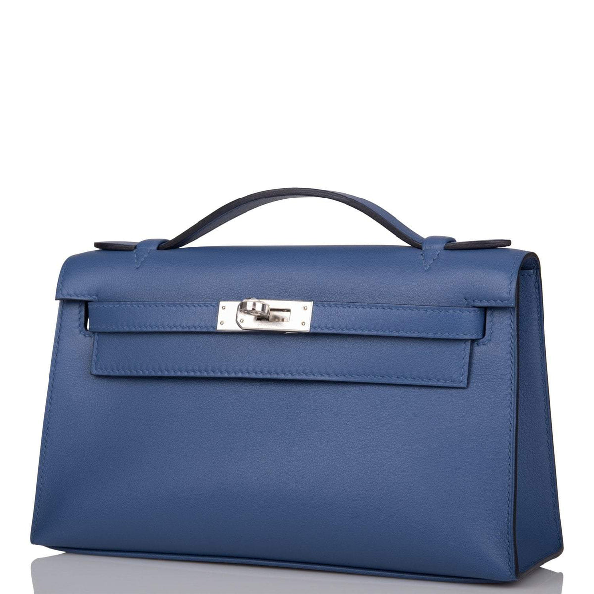 Hermes Kelly Pochette Blue Brighton Swift Palladium Hardware Crowned Bag