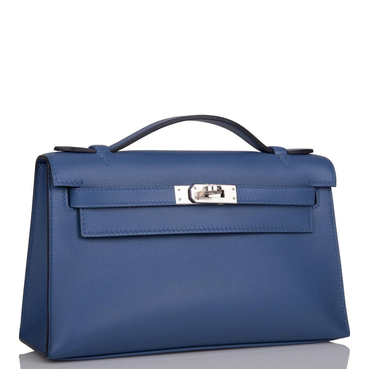 Hermes Kelly Pochette Blue Brighton Swift Palladium Hardware Crowned Bag