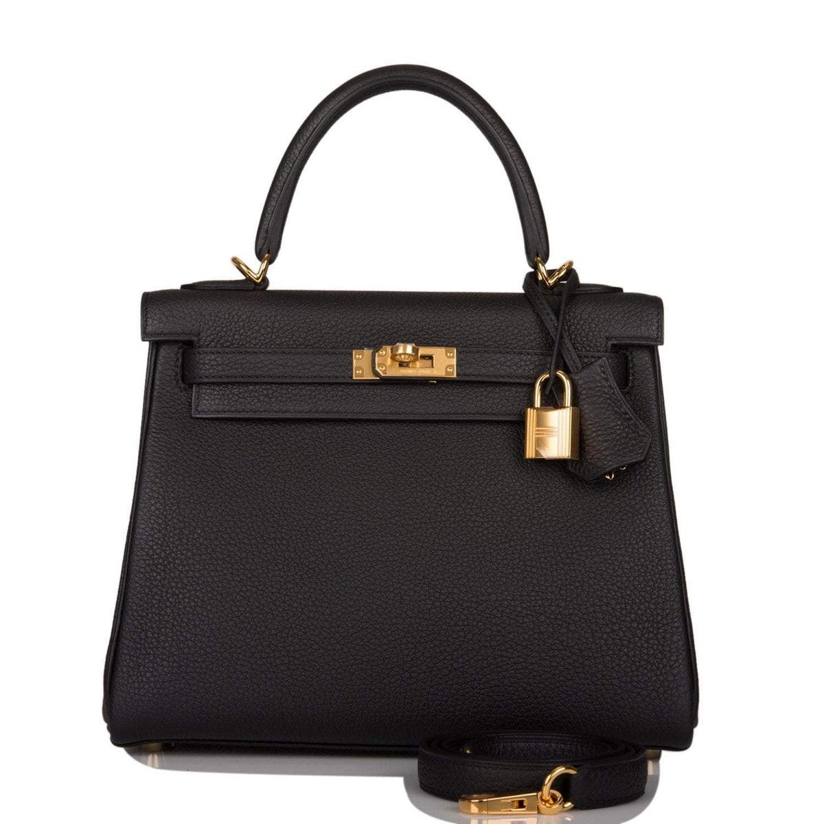 Hermes Kelly Retourne 25 Black Togo Gold Hardware Crowned Bag