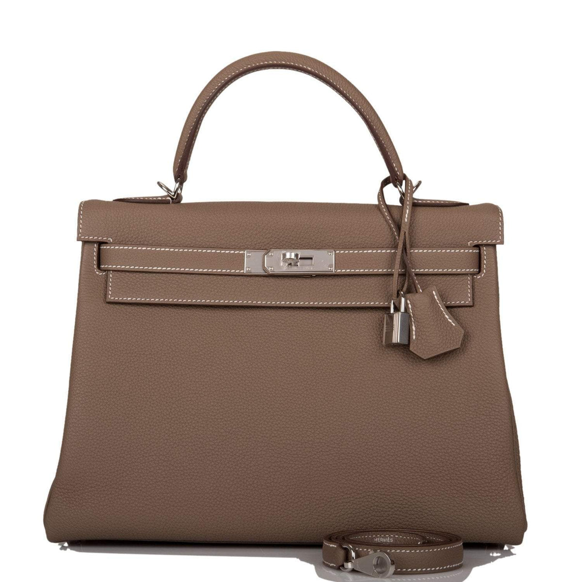 Hermes Kelly Retourne 32 Etoupe Togo Palladium Hardware Crowned Bag