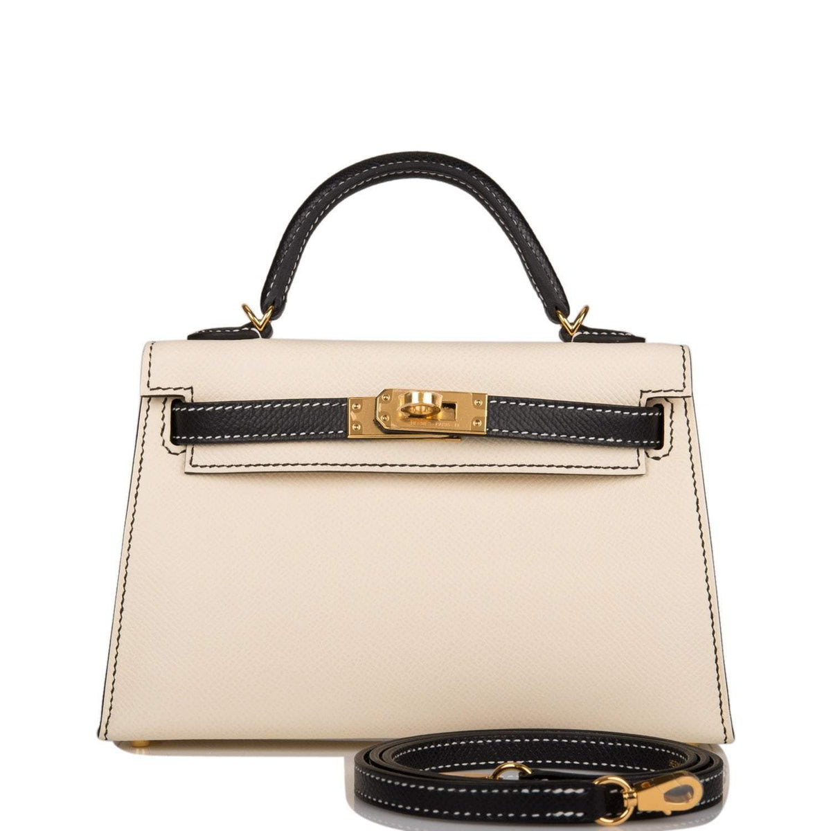 Hermes Kelly Sellier 20 Nata and Black Epsom Gold Hardware Crowned Bag