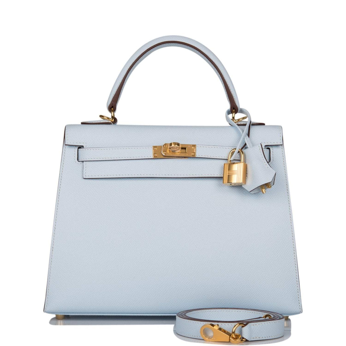 Hermes Kelly Sellier 25 Bleu Brume Epsom Gold Hardware Crowned Bag