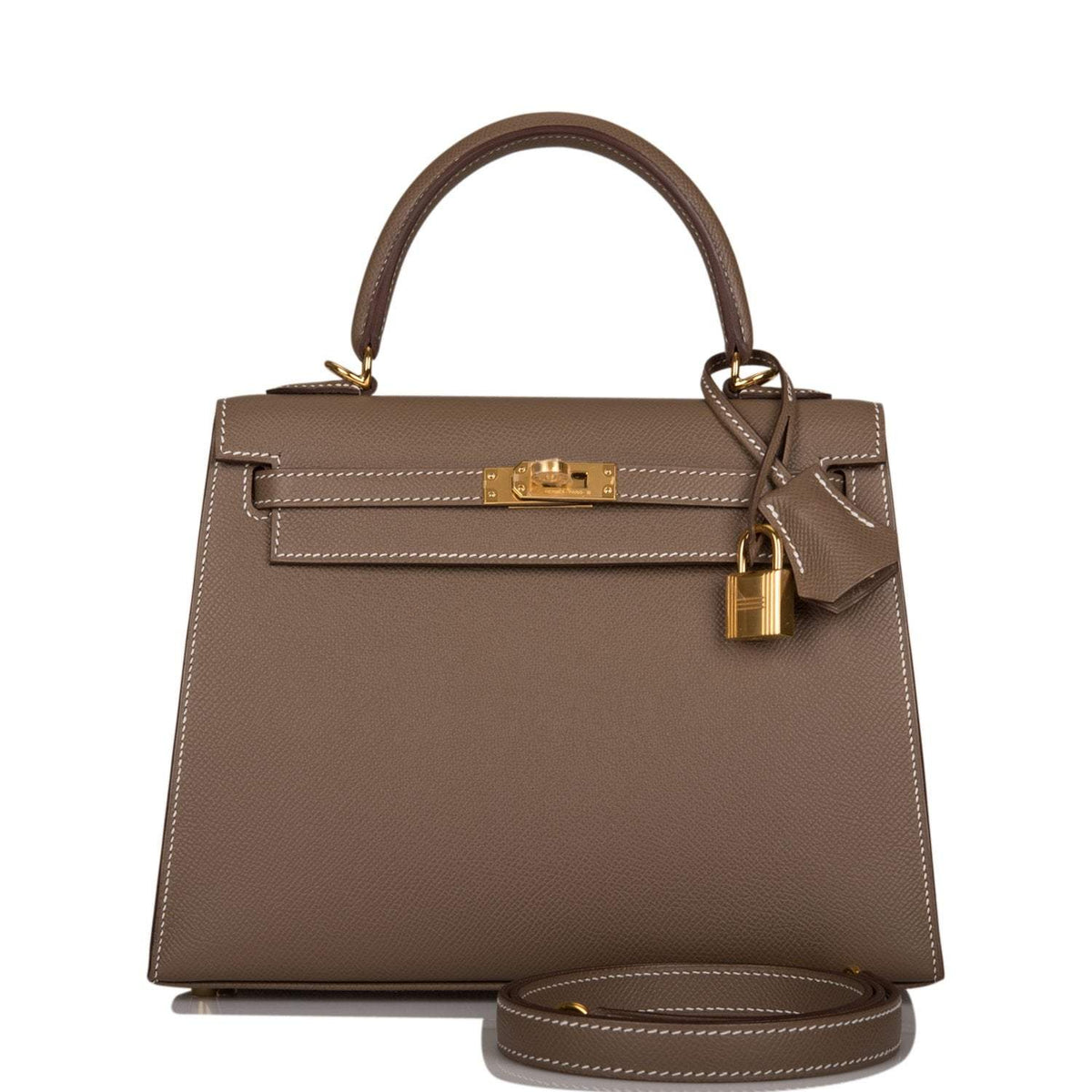 Hermes Kelly Sellier 25 Etoupe Epsom Gold Hardware Crowned Bag