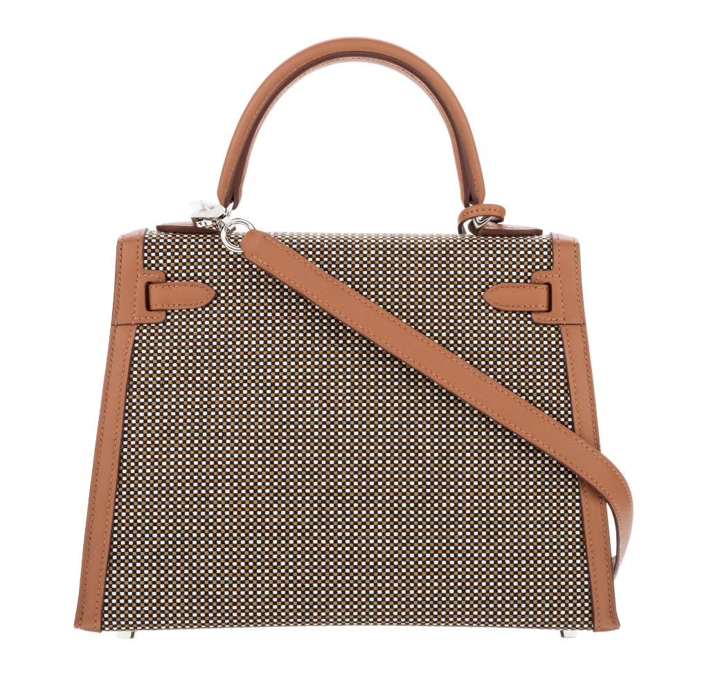 Hermès Kelly Sellier 25 Sesame Toile and Swift Leather Quadrille PHW Special Edition Bag Crowned Bag
