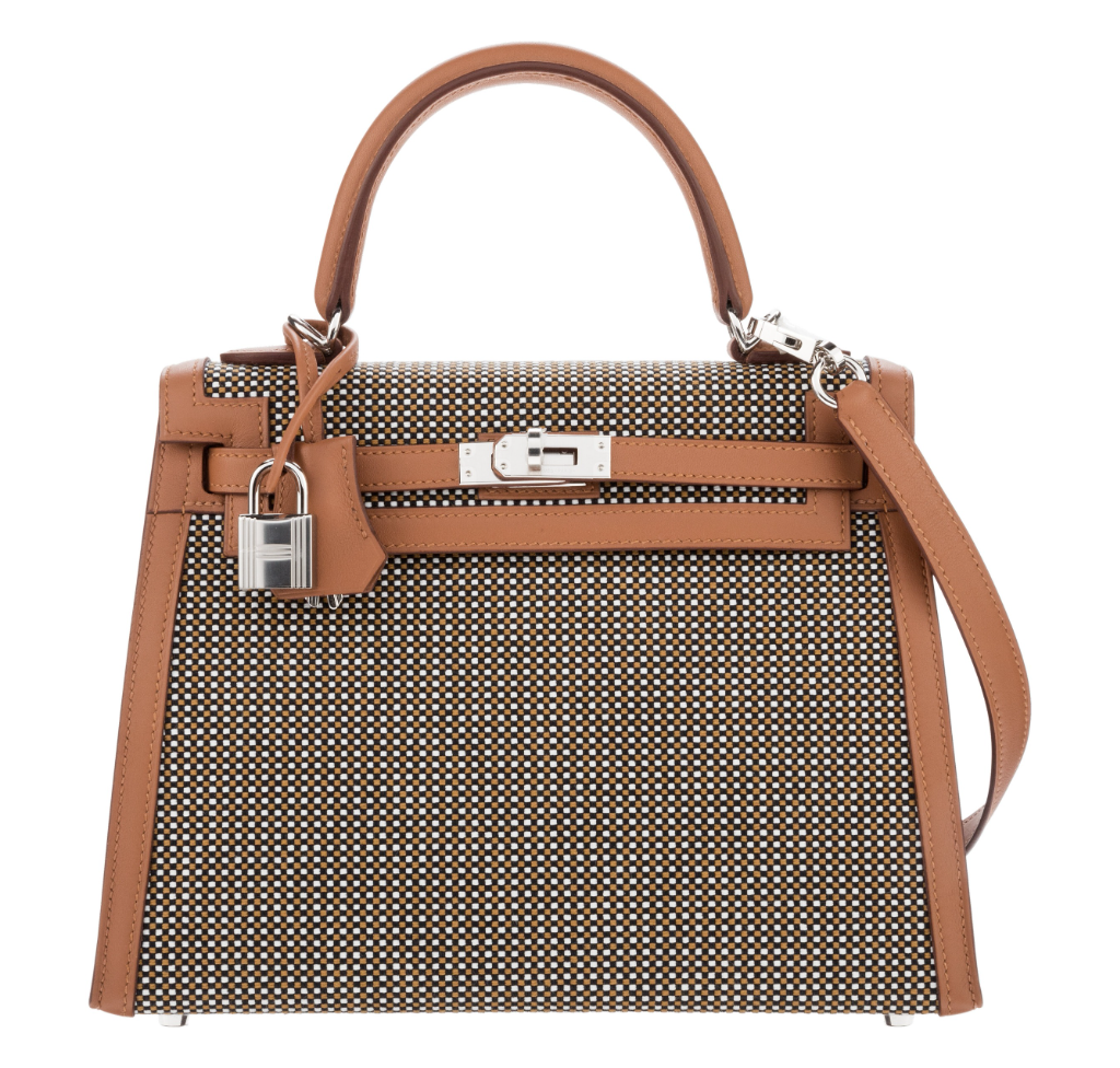 Hermès Kelly Sellier 25 Sesame Toile and Swift Leather Quadrille PHW Special Edition Bag Crowned Bag